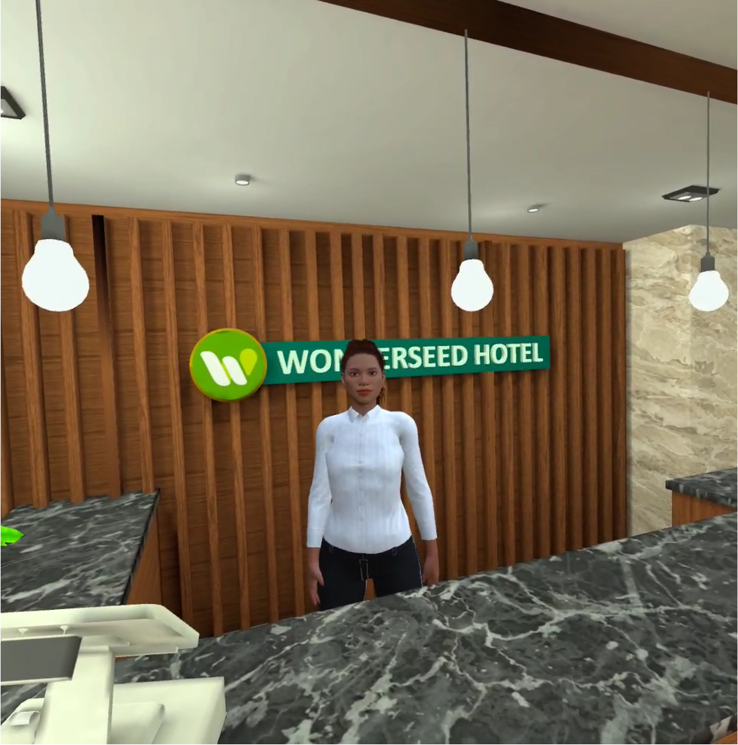 A concierge standing behind a desk talking to the player, as part of a Wonderseed training situation