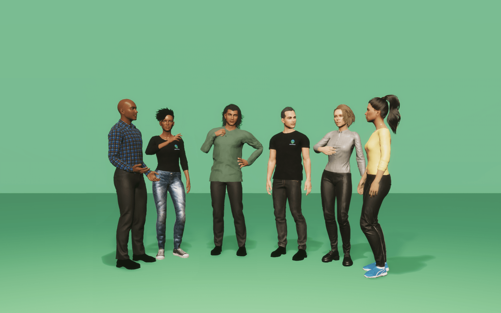 6 different characters front of a green screen.