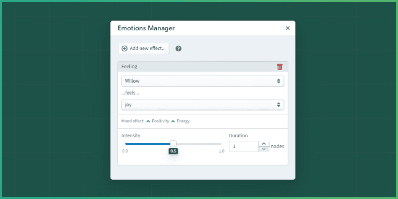 Emotions panel in Charisma story graph, showing Willow character with Joy values set