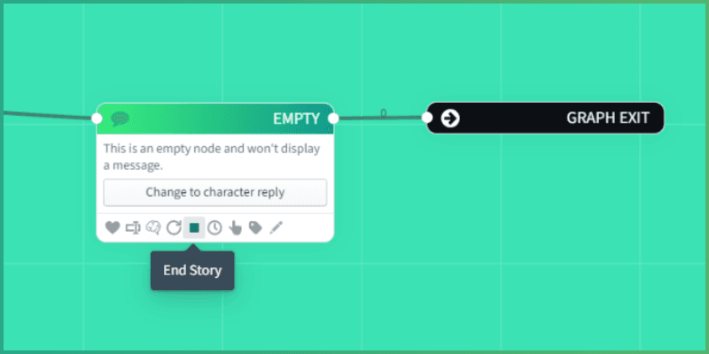 Charisma panel node with the 'end story' button highlighted