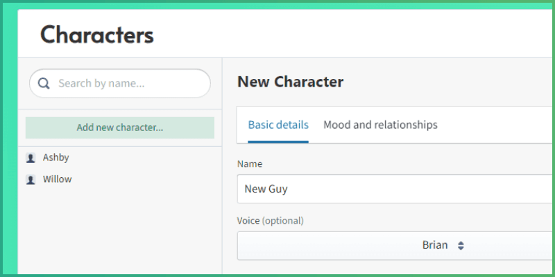 Character panel on Charisma website showing a list of existing characters