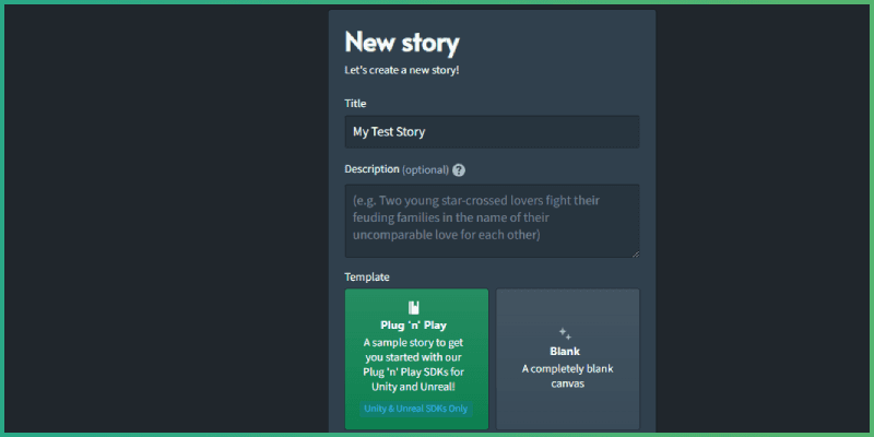 Charisma Pro Story creation menu, with Plug and Play template selected