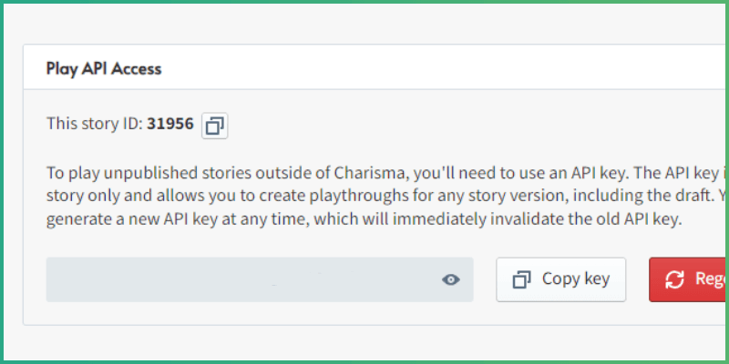 Panel in Charisma story page showing story ID and API key