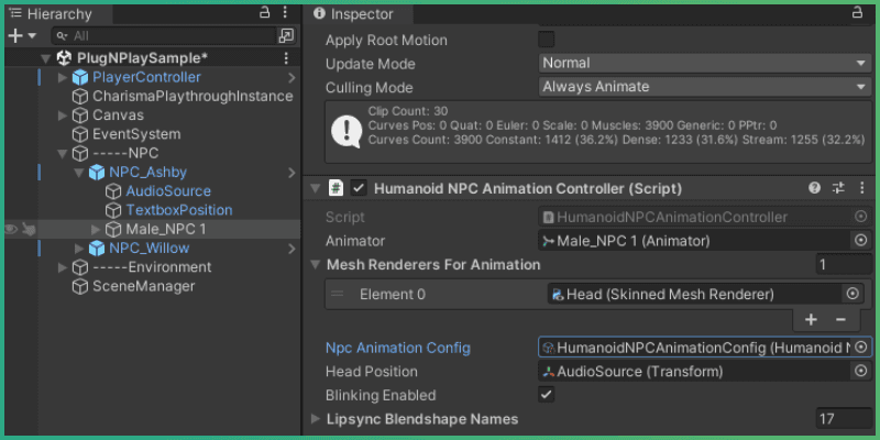HumanoidNPCAnimationConfig higlighted in hierarchy and inspector