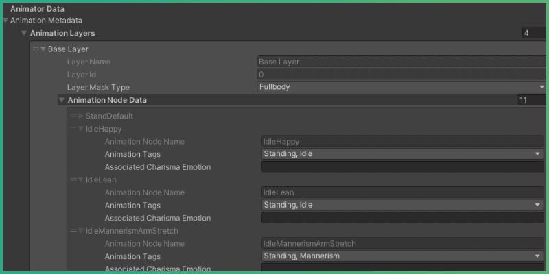 Overview of the HumanoidNPCAnimationConfig in the inspector