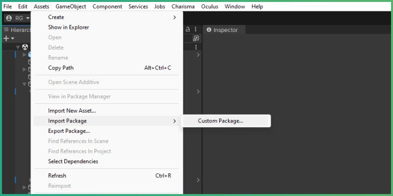 Unity Asset menu highlight the custom package import button