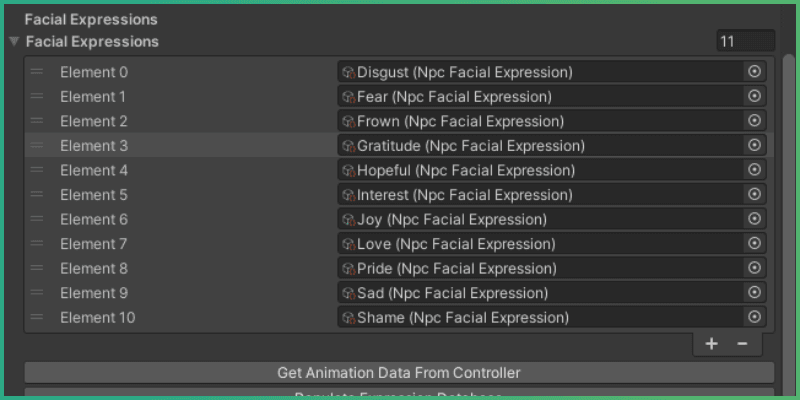 Facial expression objects referenced inside the animation config