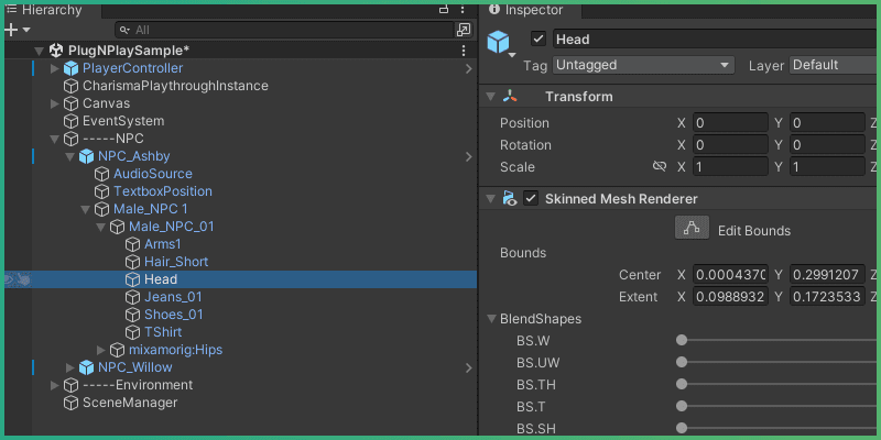 Head blendshapes found in hierarchy, and highlighted in the inspector