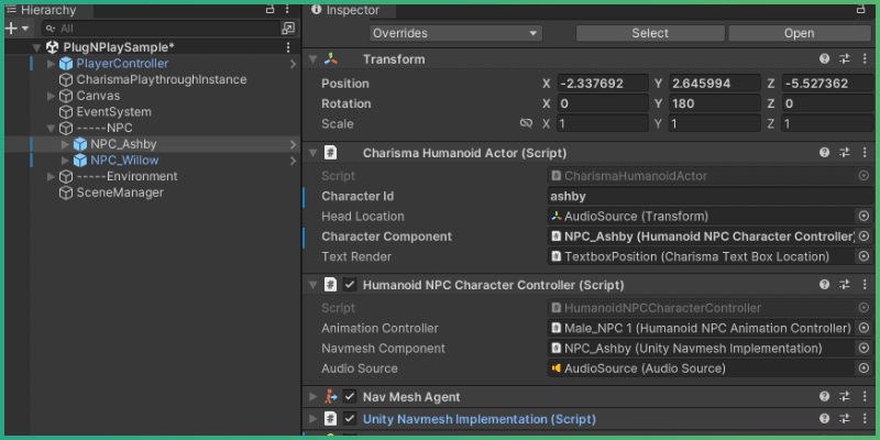 HumanoidActorComponent highlighted in the hierarchy and inspector