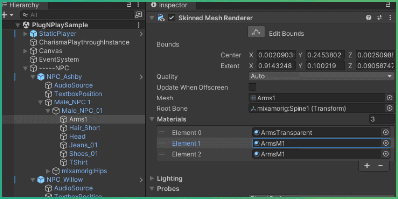 Static mesh renderer in the hierarchy, selected and showing materials in the inspector