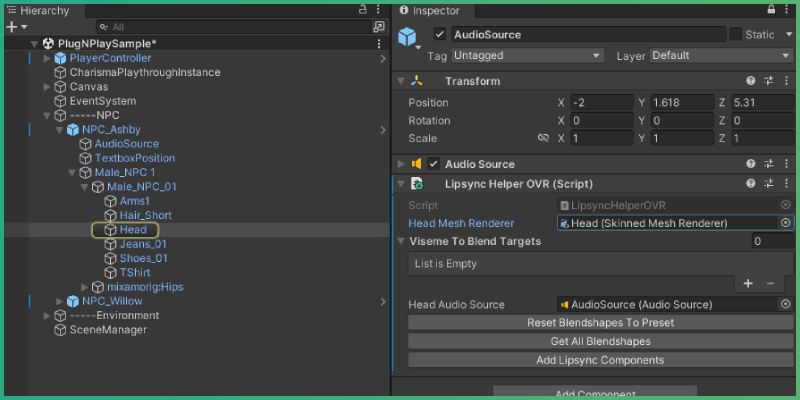 Referenced audio source higlighted in the LipsyncHelperOVR component in hierarchy and inspector
