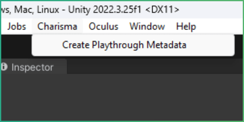 Charisma toolbar in Unity, highlighting 'Create Playthrough Metadata' button