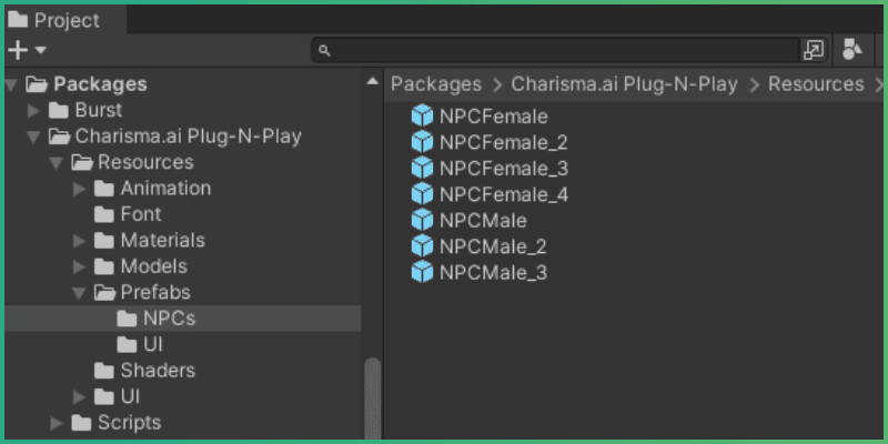 Project files search, with various NPC prefabs found in search