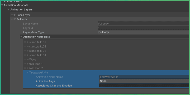 HumanoidNPCAnimationConfig populated with new TestWave state from the anim controller