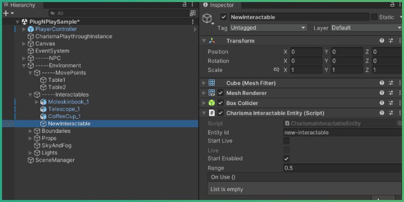 New interactable created and selected in the hierarchy, with CharismaInteractableEntity showing in the inspector