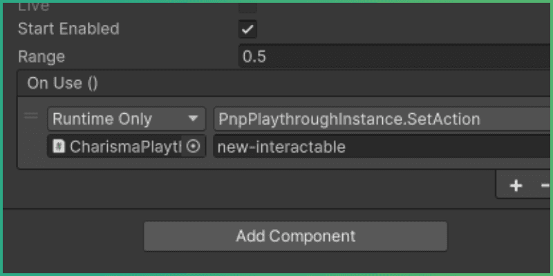 OnUse reference filled with PlaythroughInstance SetAction function, and 'new-interactable' string