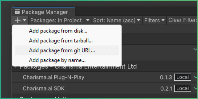 Selecitng GitHub URL option in Unity Package Manager