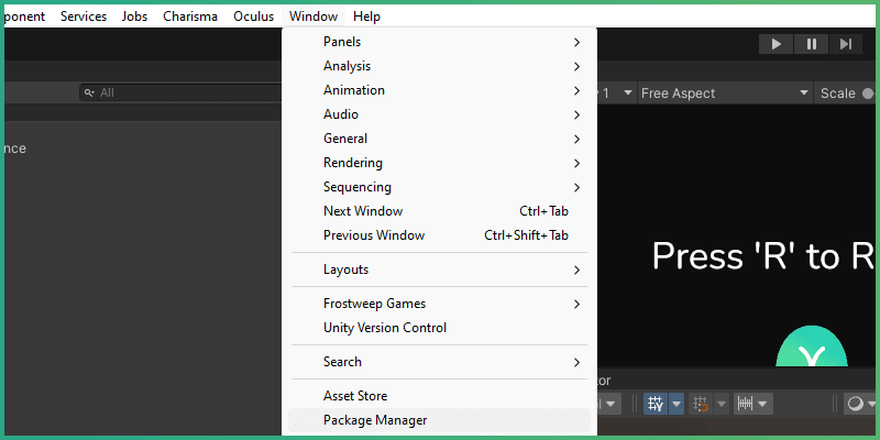 Package Manager field select in the Unity Editor toolbar