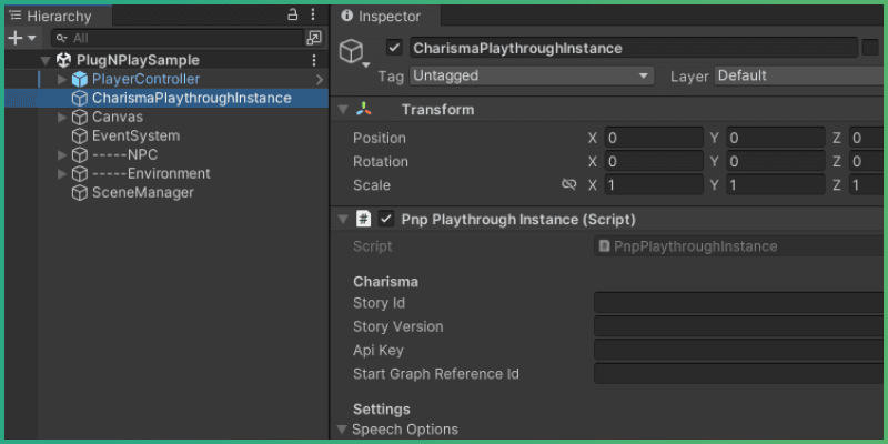 PlaythroughInstance object highlighted in the hierarchy and inspector