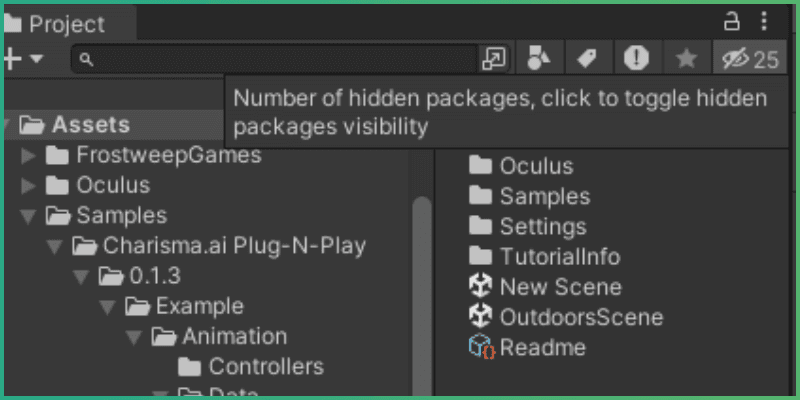 Package Visibility button highlighted in Unity project files