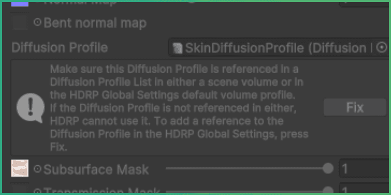 SkinDiffusionProfile error with a Fix Now button in the material editor.