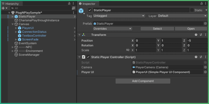 StaticPlayer object added to hierarhcy, with a reference to PlayerUI in the inspector in the player component