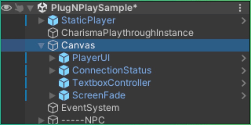 UI prefabs higlighted in the scene hierarchy