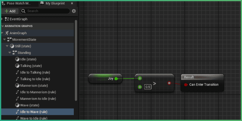 Transition condition added from Idle to Wave states, showing a 0.5 minimum Joy threshold