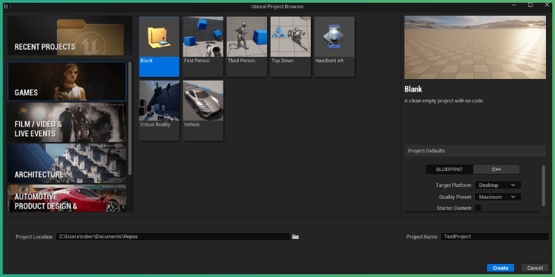 Project creation window in Unreal Engine, with C++ template selected