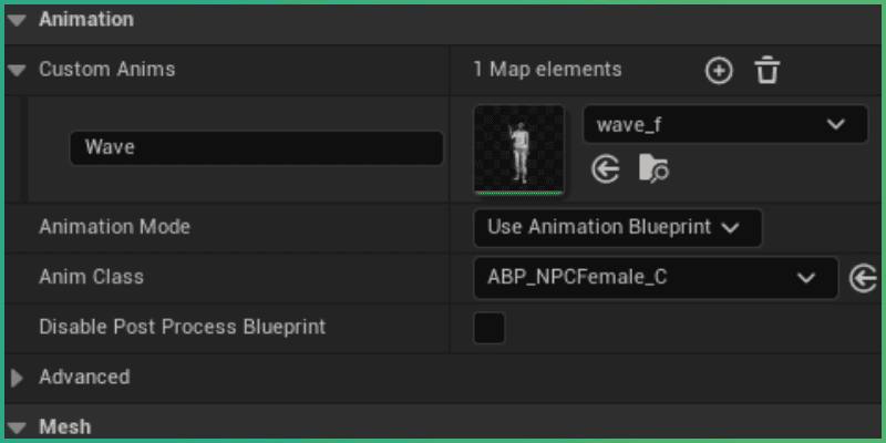 Custom animations list found in the Details panel, under the Animation section