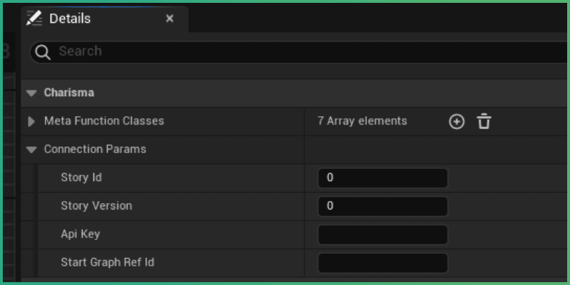 Charisma connection parameters in the details panel