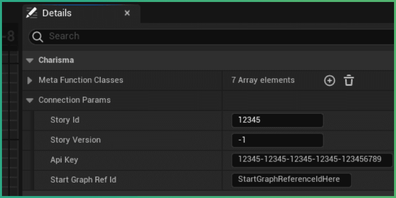 Connection parameters filled with example values in the Charisma game mode