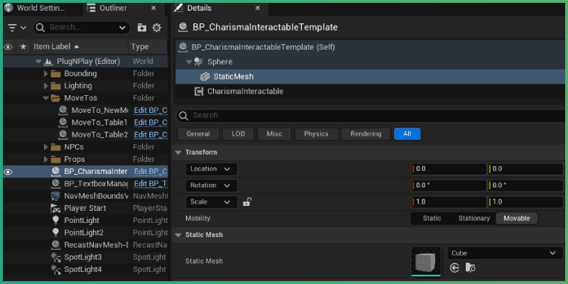 Cube mesh selected for an interactable in the Details panel