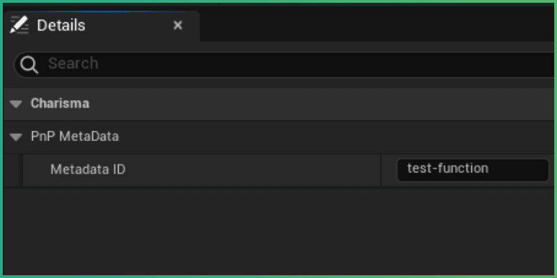 Metadata ID set to 'test-function' in the new meta data asset Details panel