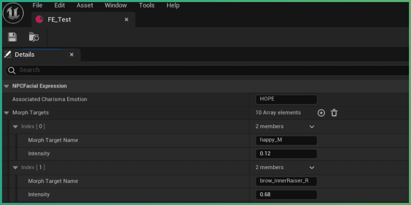 New expression data asset filled in with new morph target values and a corresponding Charisma emotion