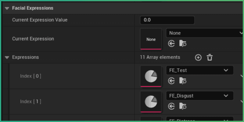 Details panel on the facial animation component, showing a list of expressions, including a new Test expression