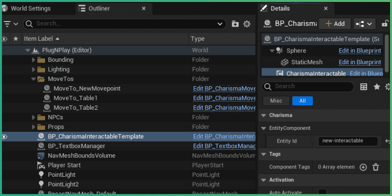 Interactable template blueprint added to the outliner, with a unique Entity ID shown in the details