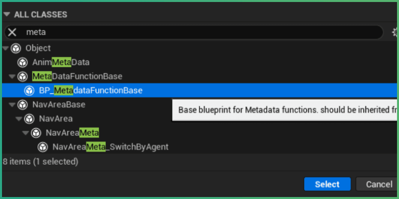 New data asset creation, higlighting BP_MetadataFunctionBase as the target parent blueprint