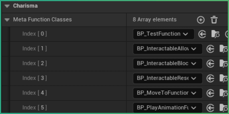 TestFunction asset added to the Meta Function Classes list in the Charisma section