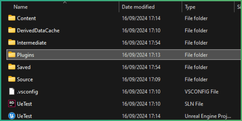 Plugins folder in root Unreal project folder