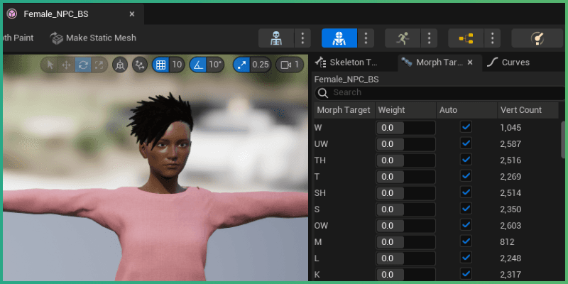Morph targets shown in the NPC skeletal mesh animation blueprint