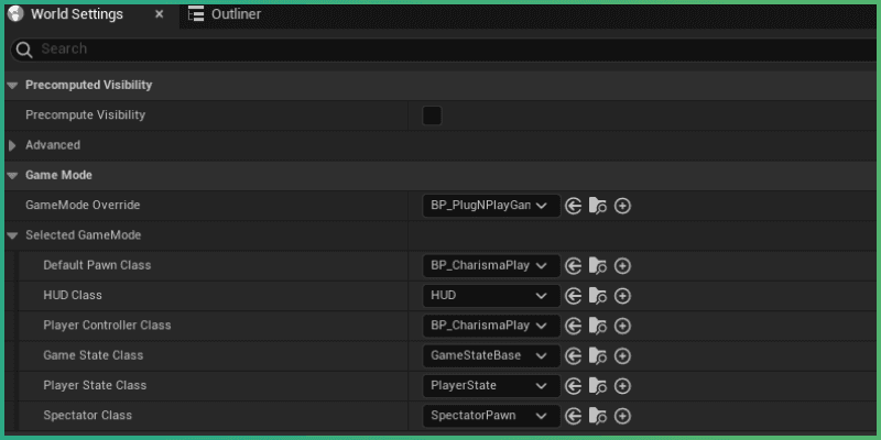 World settings panel highlighted, showing the Charisma game mode and character components referenced