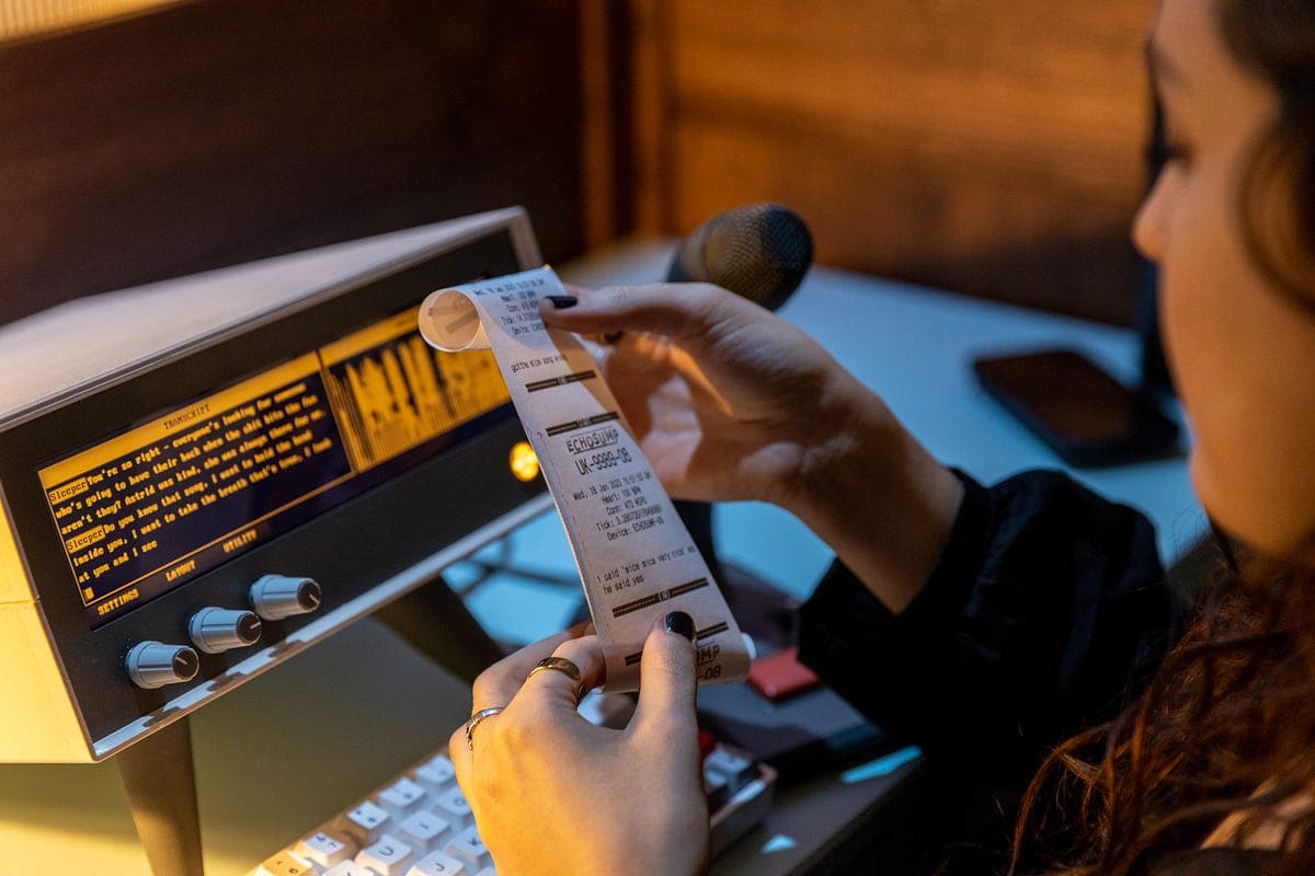 Woman reading a ticket.