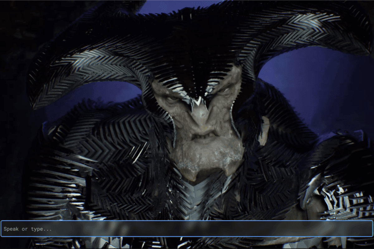 Disgusted Steppenwolf leans in and the screen shows the player can enter a response.