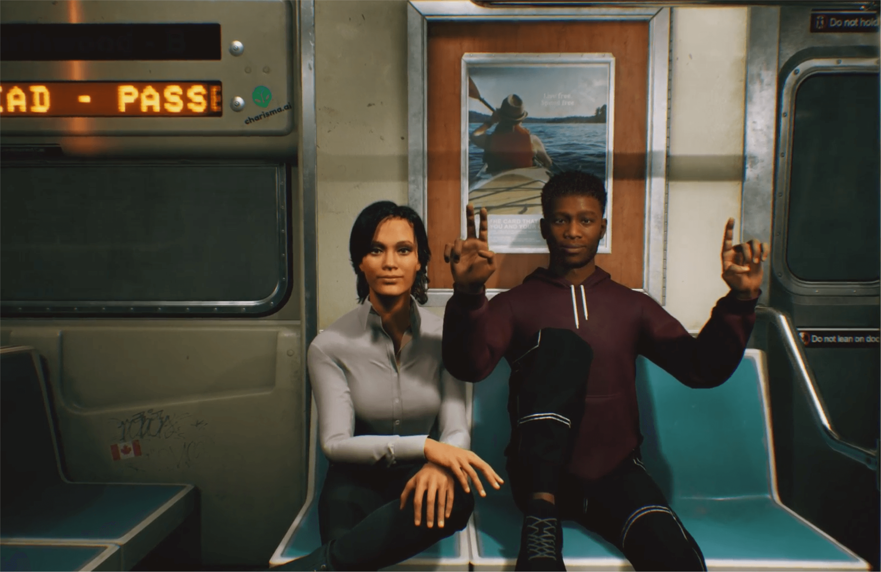 Two people sitting on the subway, one of them showing a magic trick with their hand.