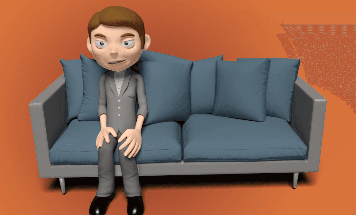 A cartoon man sitting on a grey couch front of an orange wall.