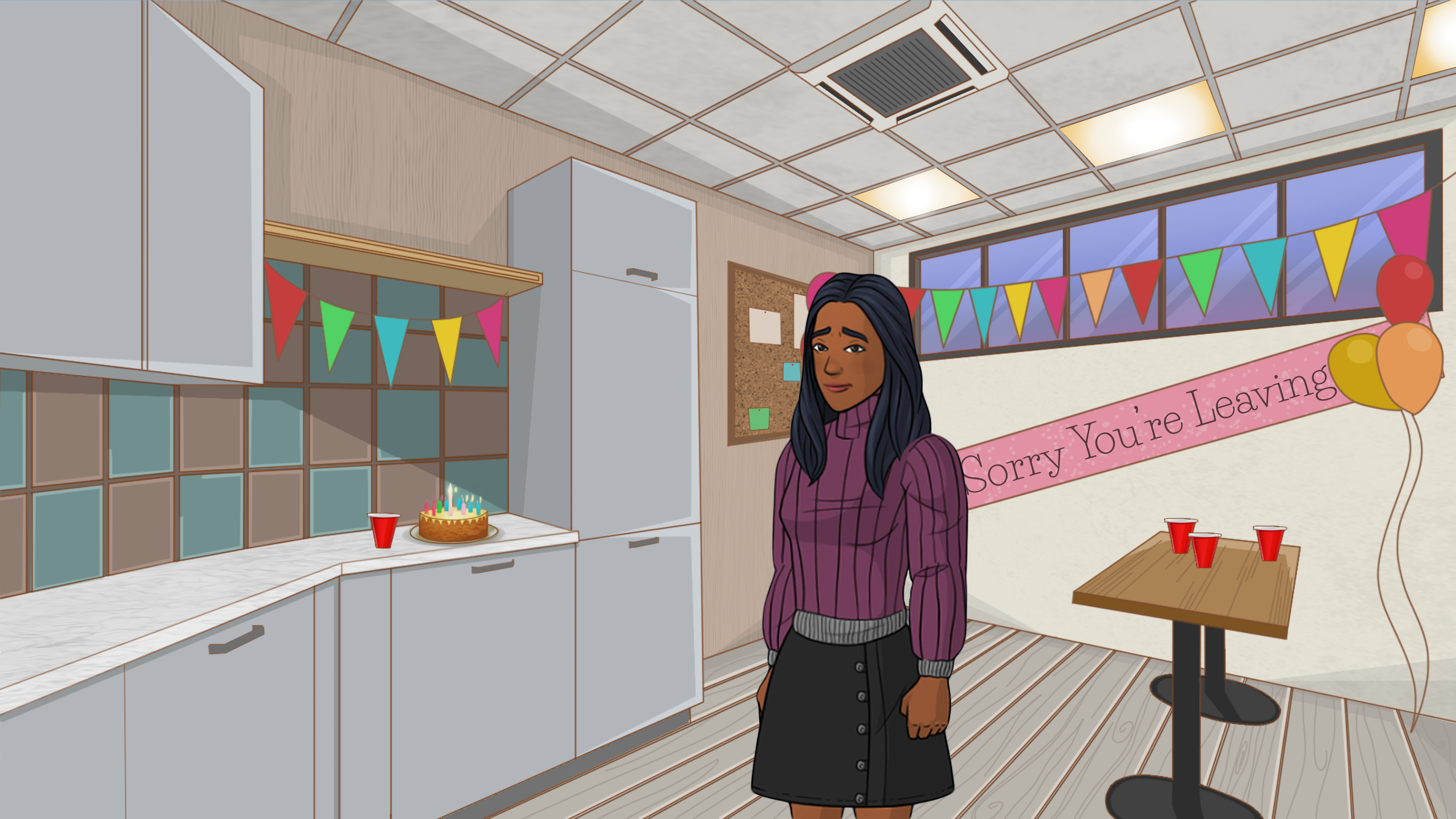 A character stands in an office kitchen, front of a 'sorry you are leaving' banner.