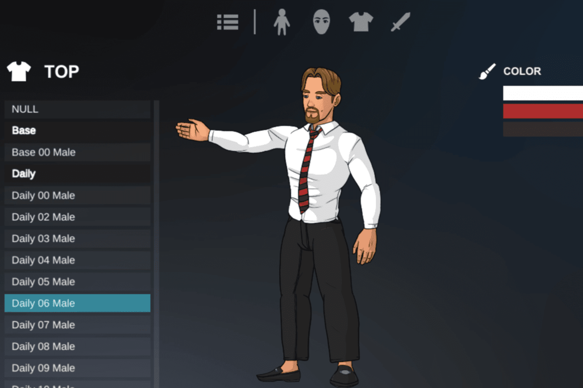 Showing a character being created in the avatar builder, a men wearing a white shirt, tie with stripes and a black trouser.