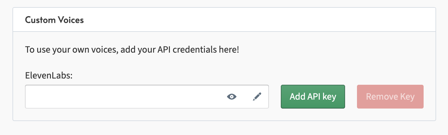 Showing the input field where the user can add their ElevenLabs credentials