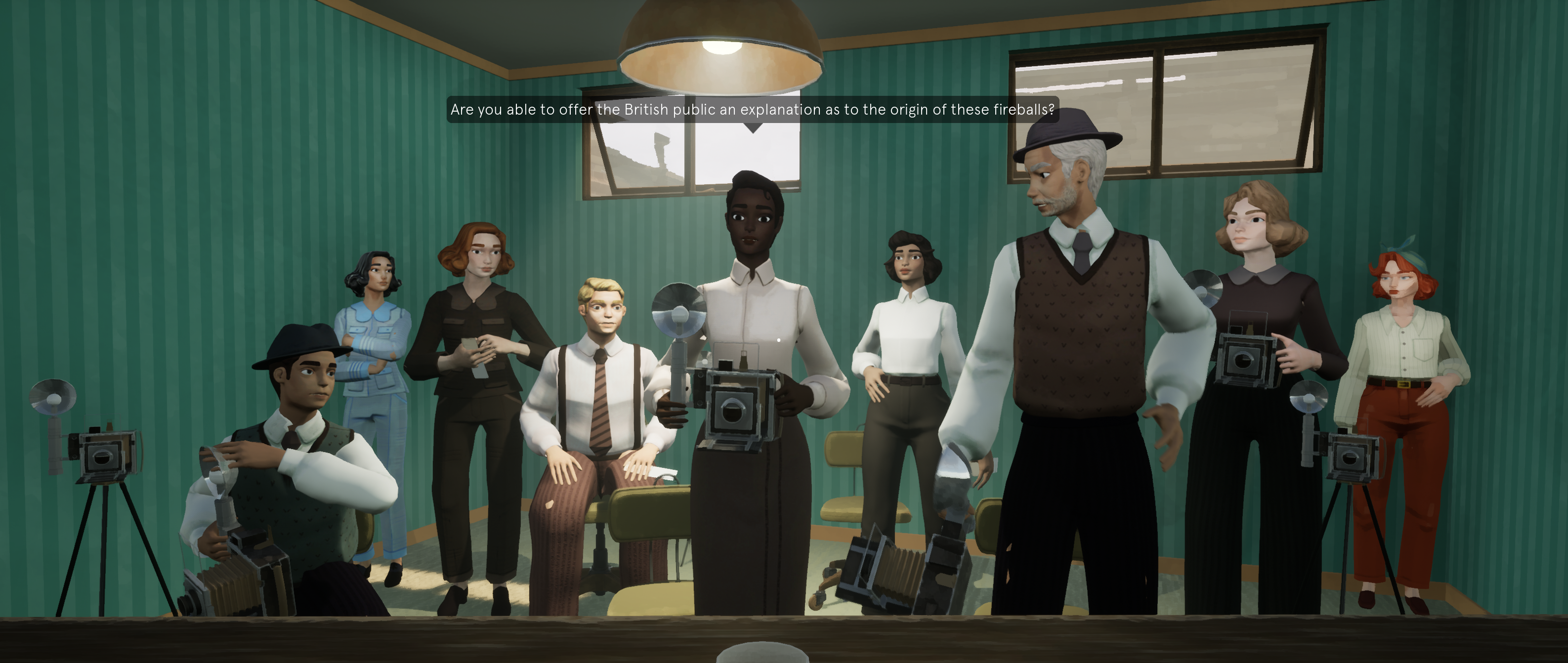A screenshot of The Kraken Wakes game, with a number of NPCs in an office environment interviewing the player